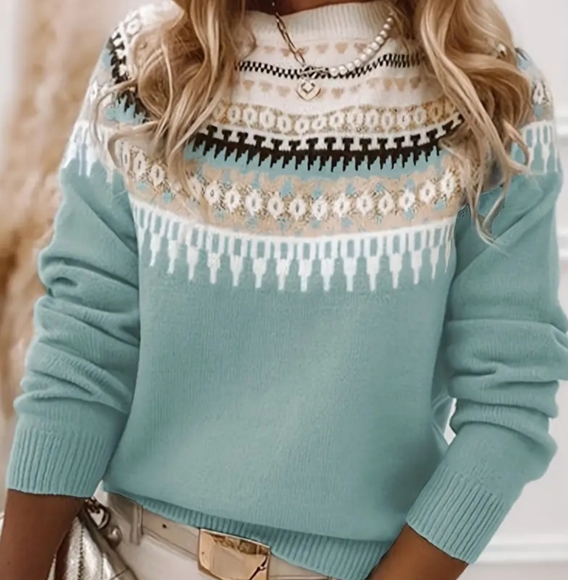 BEST SELLER!! Georgeous Rich Teal and White Crew Neck Fair Isle Sweater. - Picture 1 of 6
